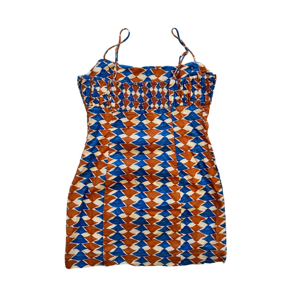 Maeve Anthropologie Ophelia Linen Blend Mini Dress 6 Blue Geometric Coastal - Picture 4 of 16